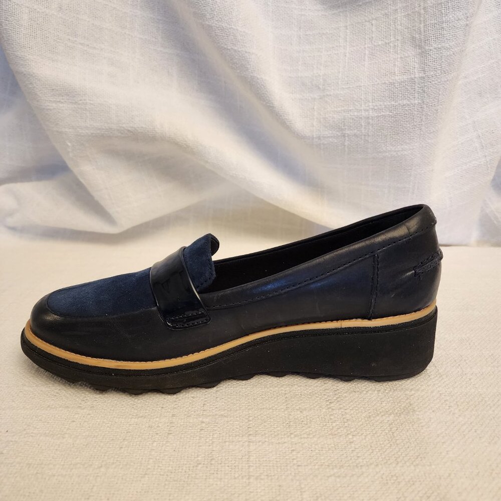 Clarks Collec Shoe W 7 Sharon Gracie Loafers Blue Lthr Suede Patent Slip On A211 - Picture 6 of 9